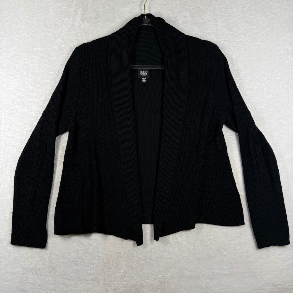 Eileen Fisher Petite Black Ribbed Silk Blend Shawl Cardigan Womens PM R61R-4